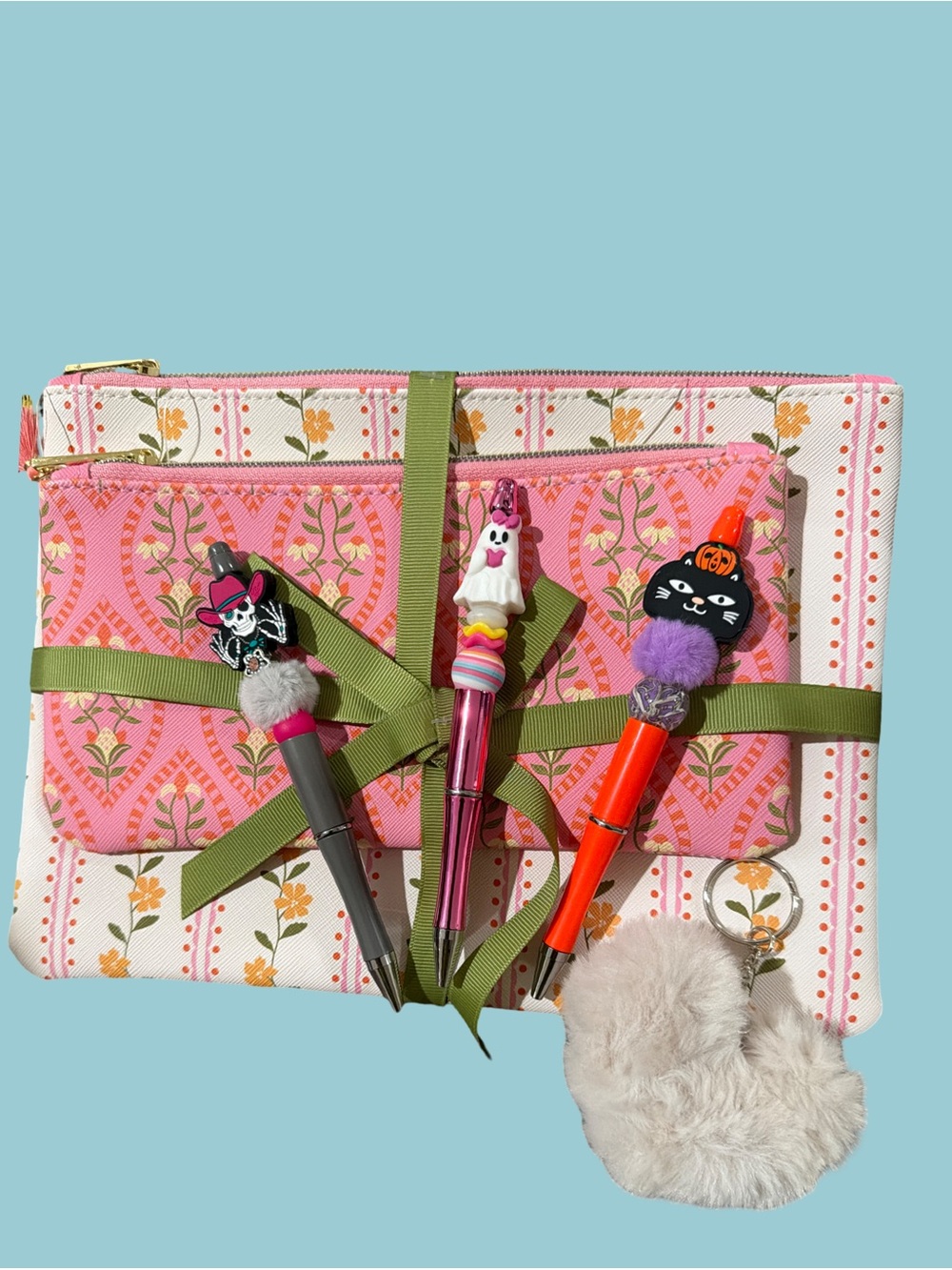 Pink Floral Kids Pencil Case Set with Novelty Pens and Pom Keychain